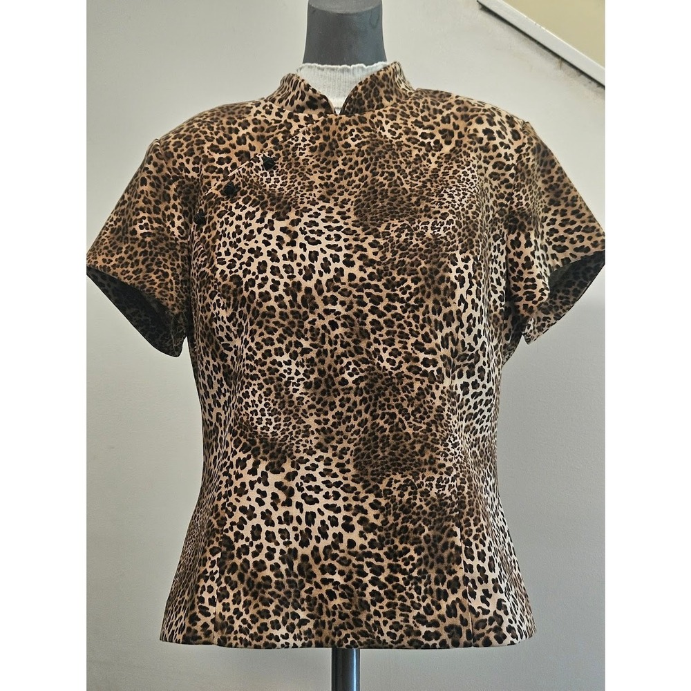 Vintage-Leopard Print Mandarin-Collar Blouse